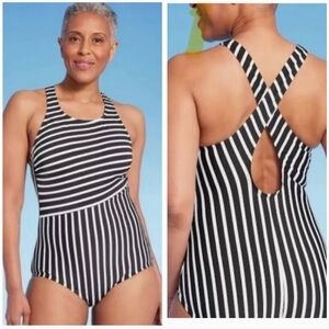 Lands' End Black and White One Piece Swimsuit V-Neck Striped